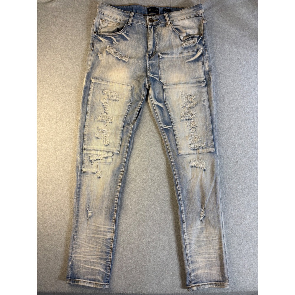 Valaba Mens Distressed Slim Fit Blue‎ Jeans Light Wash Stretch Denim 34x32
